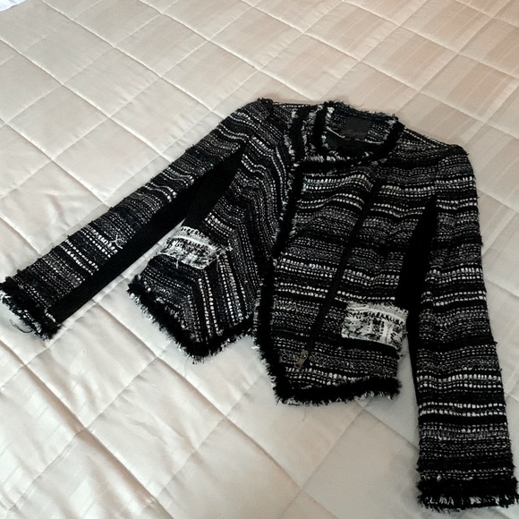Mcginn Black White Tweed Boucle Metallic Moto Crop Fray Raw Edge Blazer Jacket - Picture 12 of 16